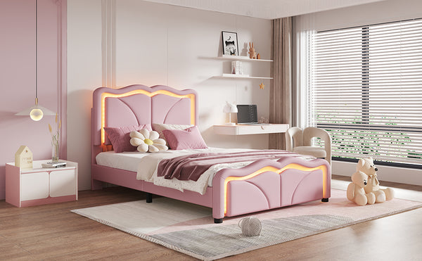 English Elm Twin Upholstered Platform Bed with Curved Headboard, Adjustable Heights, Sturdy Pine Frame, LED Accent Lights Pink WF323748AAH