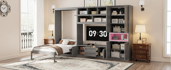 English Elm Twin Murphy Wall Bed with Integrated Tv Stand Open Shelving and Cabinet Storage LP000768AAE