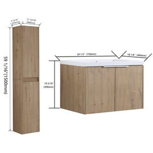 English Elm 30" Wall-Mounted Bathroom Vanity With Sink & Side Cabinets - Stylish, Space-Saving Design & Storage W999S00222