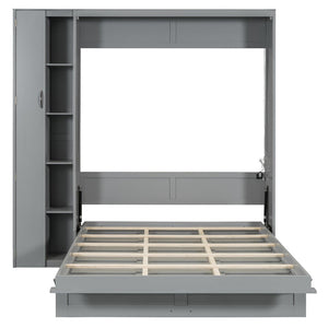 English Elm Queen Murphy Wall Bed with Led Lighting Open Shelves and Wardrobe Cabinet Storage LP000899AAE