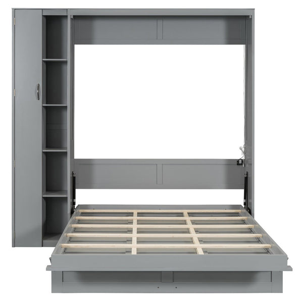 English Elm Queen Murphy Wall Bed with Led Lighting Open Shelves and Wardrobe Cabinet Storage LP000899AAE