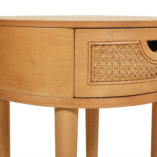 English Elm Jennifer Taylor Home - Cabana Natural Brown Oak 18" Round Cane Rattan Storage Side Table with Drawer & Wood Finish B2719P238487