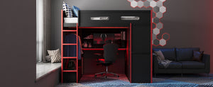 English Elm Full Size Gaming Loft Bed with Rgb Lighting Desk Wardrobe and Built-in Storage Red LT100261AAR