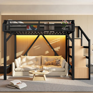 English Elm Twin Metal Loft Bed with Wardrobe Shelves Storage Stairs Led Lighting Usb Ports W1580S00404