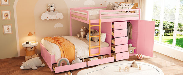English Elm Full Size Bunk Bed with Integrated Drawers Wardrobe Mdf Solid Wood Kids Storage Pink LT000463AAH