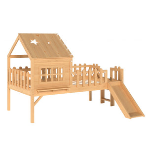 English Elm Twin Playhouse Loft Bed Solid Pine Frame with Slide Led Lights and Star Roof Natural W5316S00002