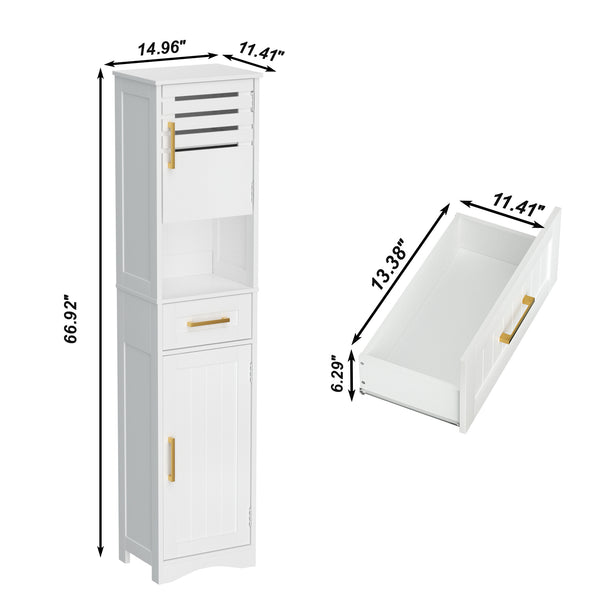 English Elm Tall Bathroom Floor Storage Cabinet – Narrow 5-Shelf Slim Freestanding MDF Organizer with Drawer, Anti-Tip, 15x12x67" T3210P293446