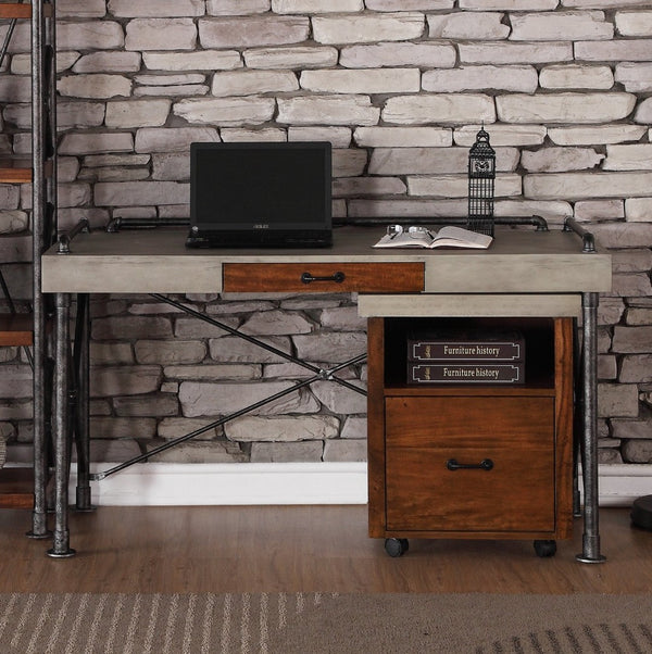 English Elm Steampunk Industrial Writing Desk with Faux Concrete Top and Iron Pipe Open Base B108P481215
