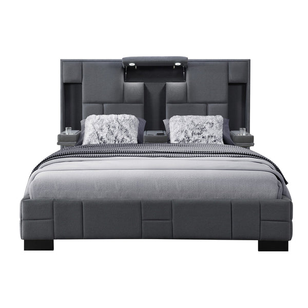 English Elm YARIS Queen Bed with Fold-Down Armrests, Built-In Wireless Charger, LED Lights & Speakers Dark Gray 70.4 L x 60.4 W x 8.07 H B201S00185
