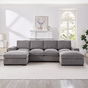 English Elm 122"l Corduroy Sectional with Dual Ottomans Modular U-shape Sofa for Modern Living Gray W1669S00044