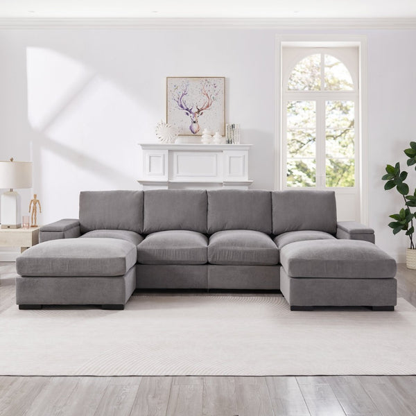 English Elm 122"l Corduroy Sectional with Dual Ottomans Modular U-shape Sofa for Modern Living Gray W1669S00044
