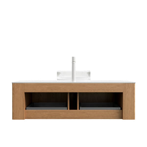 English Elm Dina Floating Bathroom Vanity with Crystal Glass Basin and Sintered Stone Top Aged Blue,Carrara White,Natural Wood,Transparent W2615S00238