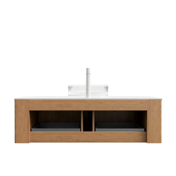 English Elm Dina Floating Bathroom Vanity with Crystal Glass Basin and Sintered Stone Top Aged Blue,Carrara White,Natural Wood,Transparent W2615S00238