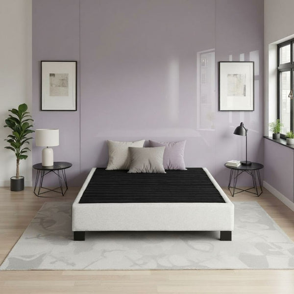 English Elm Modern Low Profile King Platform Bed Base Upholstered in Soft Polyester Fabric Beige B108P468536