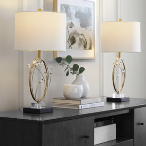 English Elm Table Lamp Set of 2 Black Metal Crystal Accents Gold Finish Linen Shade Bedroom B202P471578