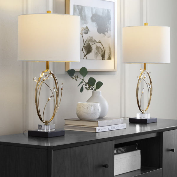 English Elm Table Lamp Set of 2 Black Metal Crystal Accents Gold Finish Linen Shade Bedroom B202P471578