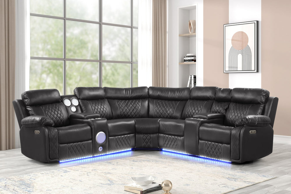 English Elm Lacrosse Power Reclining Sectional with Bluetooth Speakers, LED Lighting, USB Ports & Console Comfort Gray B009S01430