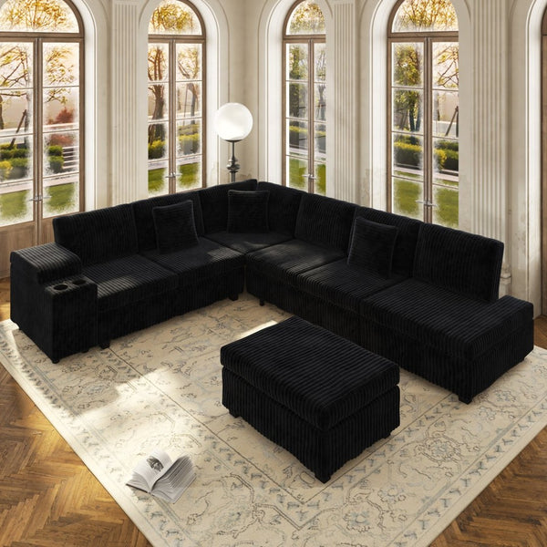 English Elm 110.2" Corduroy Sectional Sleeper Sofa with Ottoman Usb Ports Storage Armrests Living Room Black W3219S00014