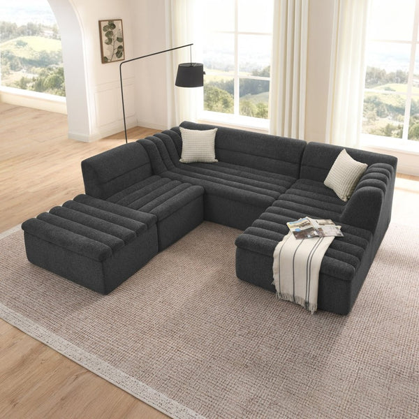 English Elm 135" U-shaped Chenille Sectional with Movable Ottoman Four Piece Modular Living Room Sofa Black W1413S00123