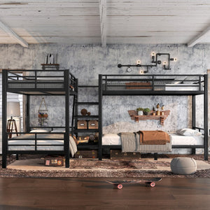 English Elm Twin L-shaped Steel Bunk Bed with Built-in Shelving and Full Guardrails Matte Black W1580S00439