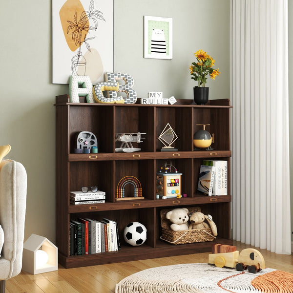 English Elm 10-shelf Walnut Bookcase with 10 Cubby Storage, Label Slots, Top Display Shelf, Durable Melamine Finish W331P236404