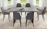 English Elm Table and Chair Set.Cozy Modern Mdf Dining Set -67"X35.4" With 6 Comfortable Dark Grey Linen-Cotton Dining Chair With Round Corner Design.Suitable For Home Dining Rooms,Hotels,Other Commercial Spaces.