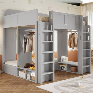 English Elm Triple Bunk Bed Wood Frame with Built in Shelves Hooks for Shared Kids Rooms Gray N7090004027E