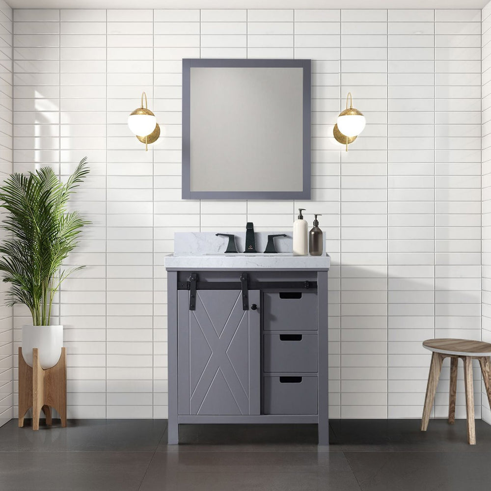 English Elm Dark Grey 30" Bath Vanity with Carrara Marble Top, Soft-Close Drawers, Matte Black Faucet Set B2731P260102