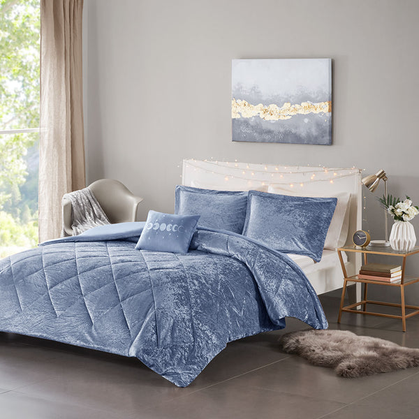 JLA Home Intelligent Design - Velvet Crushed Duvet Cover Set with Quilted Diamond Texture, Button Closure and Decorative Pillow Blue ID12-2160