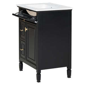 English Elm 24-Inch Bathroom Vanity with Sink, Solid Wood & MDF, Ceramic Top, Gold Handles, Flip Drawer Design Black N725P350824B