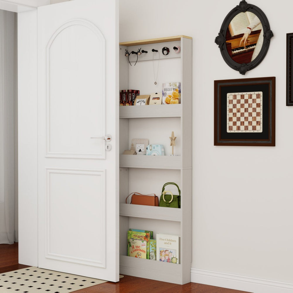 English Elm 72" Slim Six-tier Freestanding Cabinet Antique White Finish for Bathroom or Hallway W282P412292