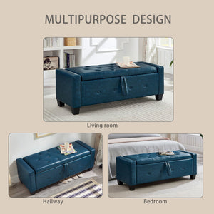 English Elm 48" Storage Ottoman Bench with Tufted Faux Leather Upholstery, Solid Wood Frame & 300lb Capacity Blue W1097P338780