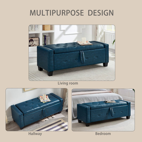 English Elm 48" Storage Ottoman Bench with Tufted Faux Leather Upholstery, Solid Wood Frame & 300lb Capacity Blue W1097P338780