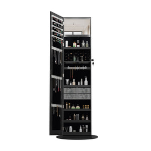 English Elm 360°swivel Jewelry Armoire with Lighted Interior Full Length Mirror Lockable White Black W3406P411299