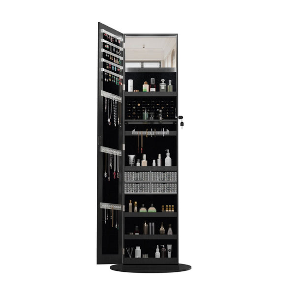 English Elm 360°swivel Jewelry Armoire with Lighted Interior Full Length Mirror Lockable White Black W3406P411299
