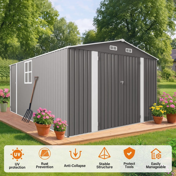 English Elm 10x14 Ft Galvanized Steel Outdoor Storage Shed with Lockable Doors and Vented Window W3213S00004