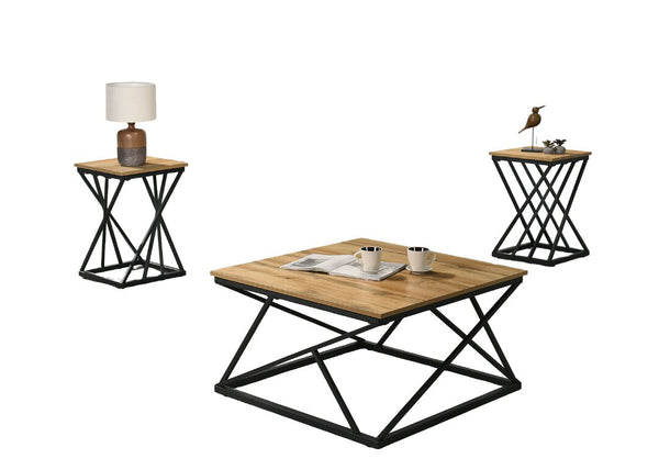 English Elm Rustic 3pc Table Set with Wrought Metal Abstract Side Panels Engineered Wood Tops Durable Charm Black,Natural 38 L x 35 W x 5 H B2741P391811