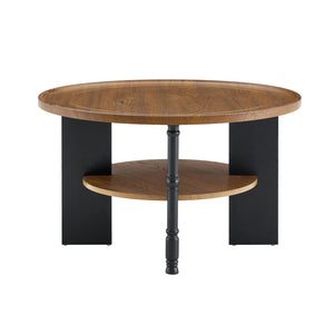 English Elm 2-piece Round Coffee and Side Table Set Walnut Grain Storage Shelf Living Room W1151P433331