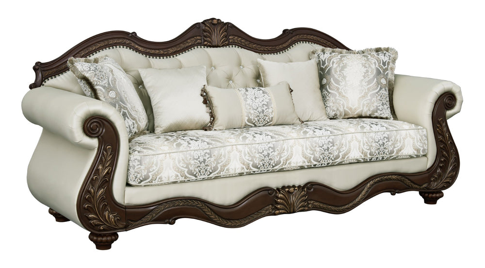 English Elm Pierce Beige Fabric Sofa With Cherry Finish & 5 Accent Pillows - Elegant Design For Refined Living B2726S00276-GIGA