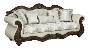 English Elm Pierce Beige Fabric Sofa With Cherry Finish & 5 Accent Pillows - Elegant Design For Refined Living B2726S00276-GIGA