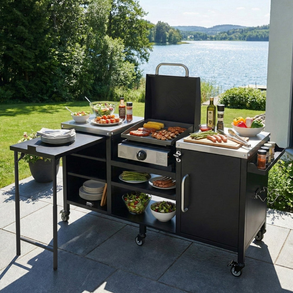 English Elm K&k Stainless Steel Outdoor Kitchen Island with Fold Out Prep Surface for Kamado Grills N707S000023B