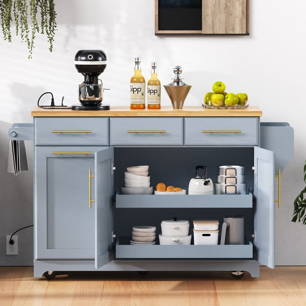 English Elm K&k Rolling Kitchen Island Rubber Wood Top Brass Hardware Built-in Outlets Storage Grey+Blue N707S299014G