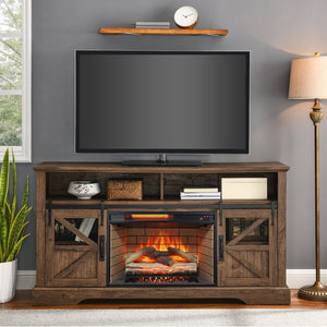 English Elm 60 Inch Farmhouse Electric Fireplace Tv Stand with Led Flame and Cabinet Storage Reclaimed Barnwood W1769S00005