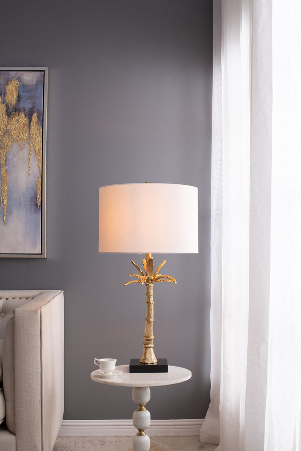 English Elm D16x31" Gold Leaf Lamp with Marble Base and White Drum Shade — Modern Palm Accent for Tables, Mantels W2078S00018