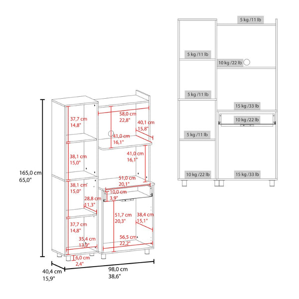 English Elm White Tall Pantry Cabinet with Microwave Shelf Deep Drawer and Open Compartments B062S01858
