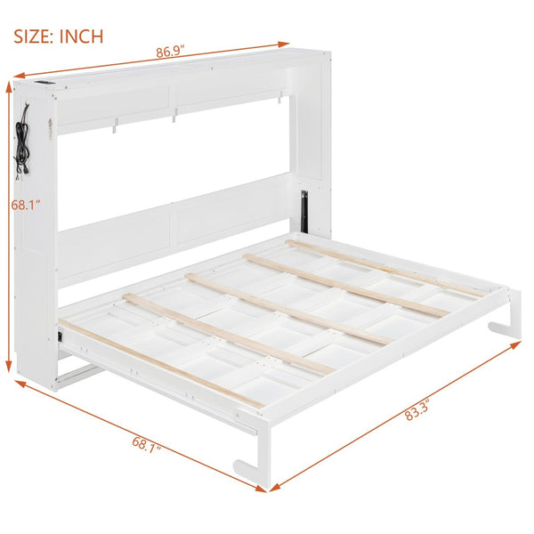 English Elm Queen-size Murphy Wall Bed with Led Ambient Lighting Usb Outlet and Graphic Panel White LP000357AAK