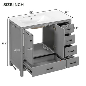 English Elm 36" Gray Bathroom Vanity with Ceramic Sink, 5 Drawers & Soft-Close Doors, Solid Wood Modern Storage N729P183735E