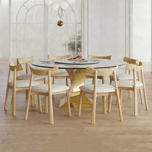 English Elm 59" Round Sintered Stone Table Set Seats Eight with Gold Hourglass Base Lazy Susan W2700S00131