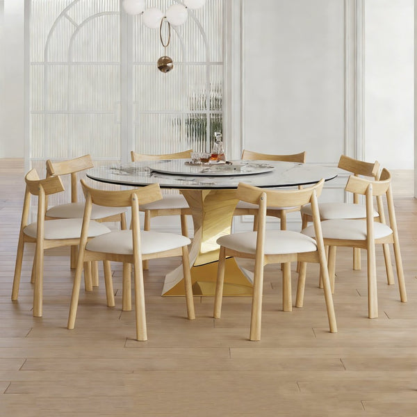 English Elm 59" Round Sintered Stone Table Set Seats Eight with Gold Hourglass Base Lazy Susan W2700S00131