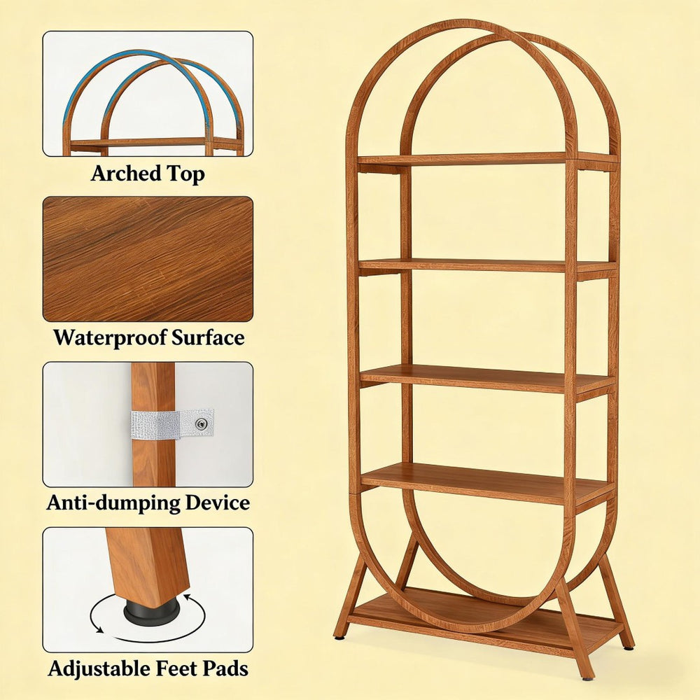 English Elm Versatile Arched Five Tier Bookcase Warm Brown Metal Frame Open Shelving for Small Spaces T3971P458354